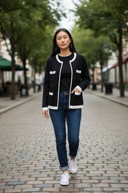 Stefano Cocci Women's Black & White Contrast Trim Knit Cardigan Jacket M 8-12
